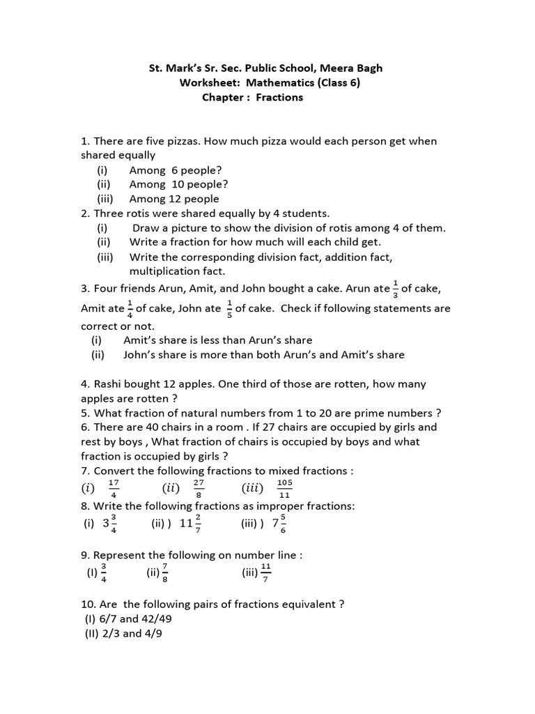 Fractions Class 6 Assignment | PDF