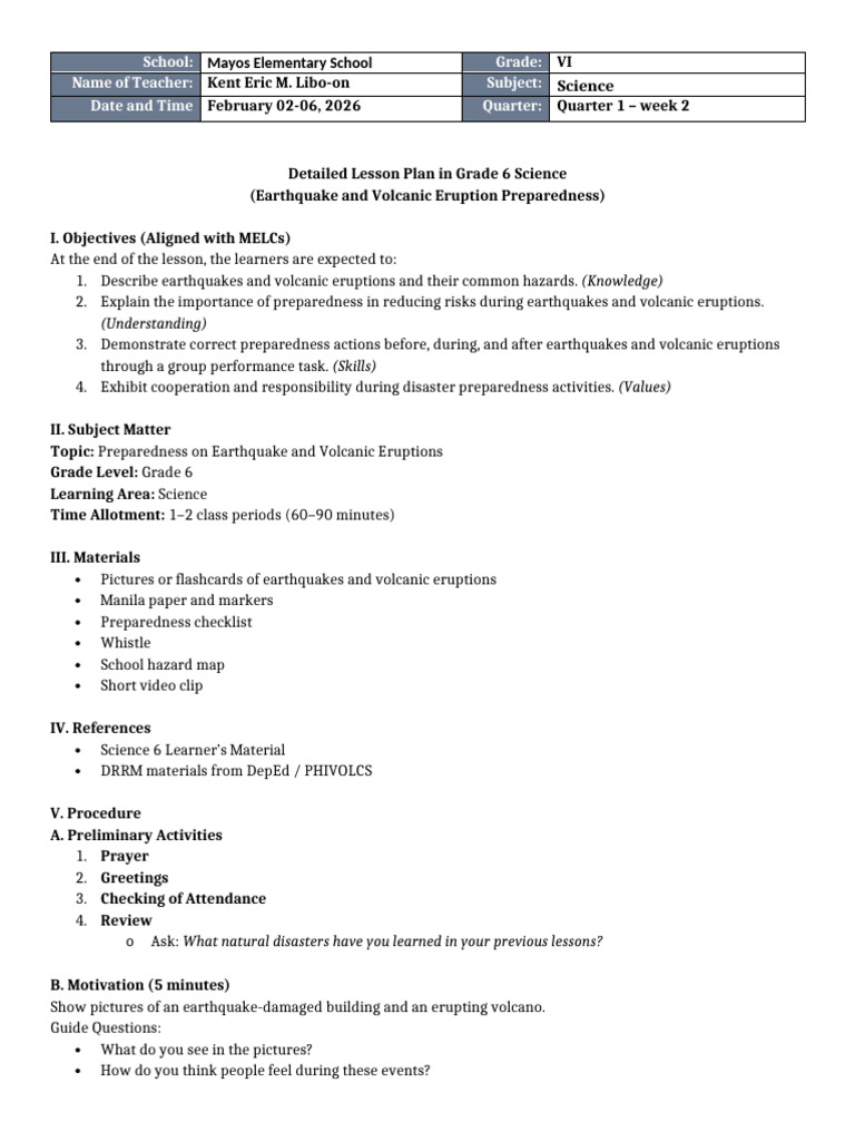 Grade 6 Science DLP Earthquake and Volcanic Preparedness | PDF ...