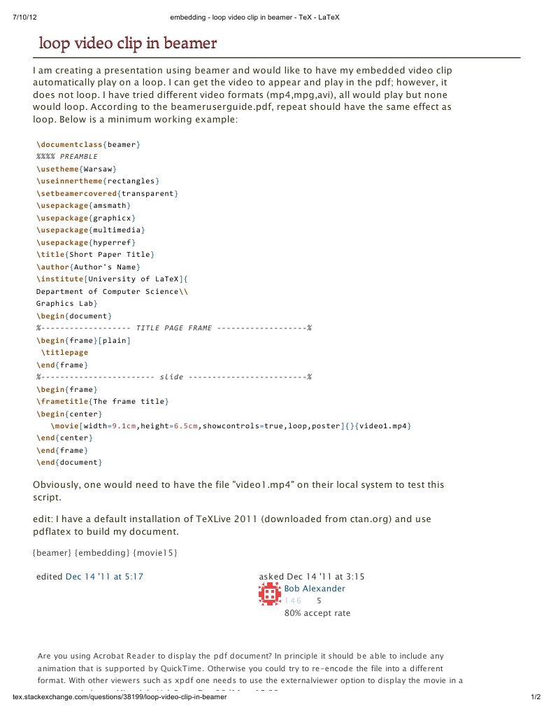 Embedding Loop Video Clip in Beamer TeX LaTeX PDF Computer