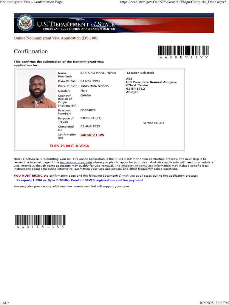 Nonimmigrant Visa - Confirmation Page | PDF | Travel Visa | Fingerprint