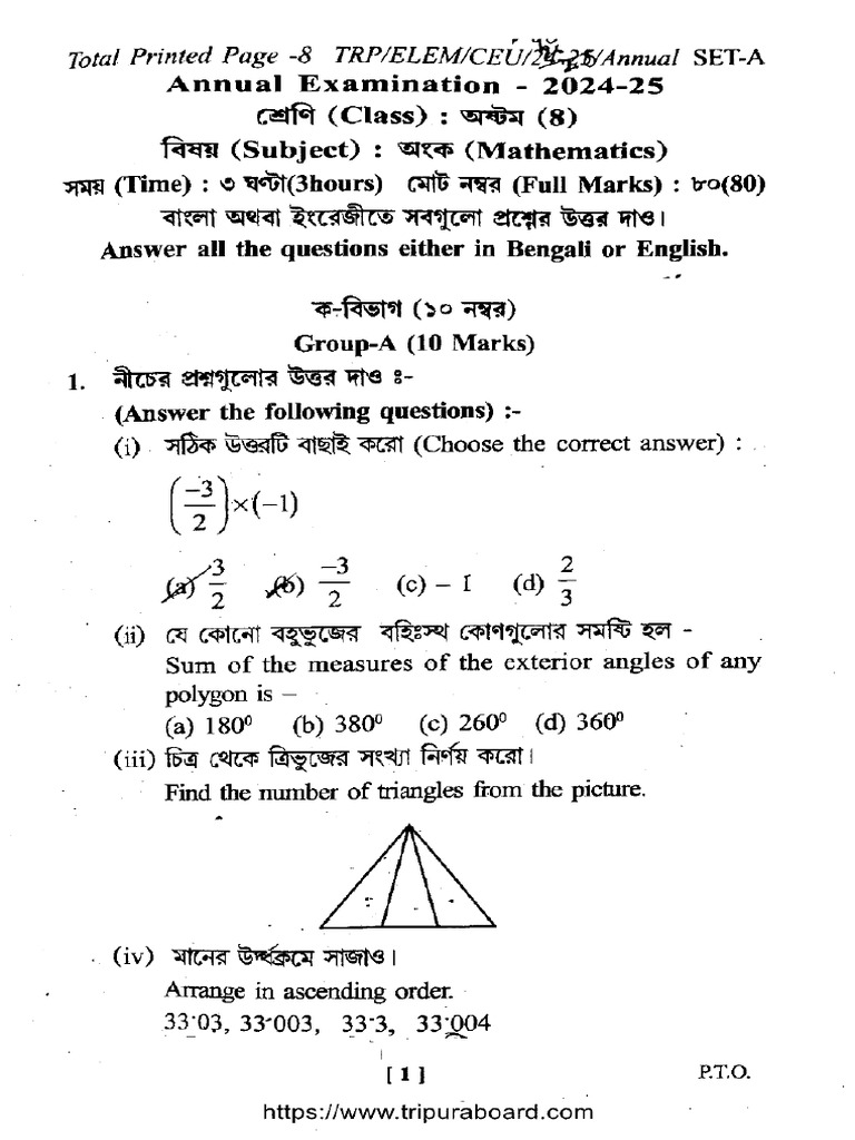 Tbse Class 8 Mathematics Set A 170325 2025 | PDF