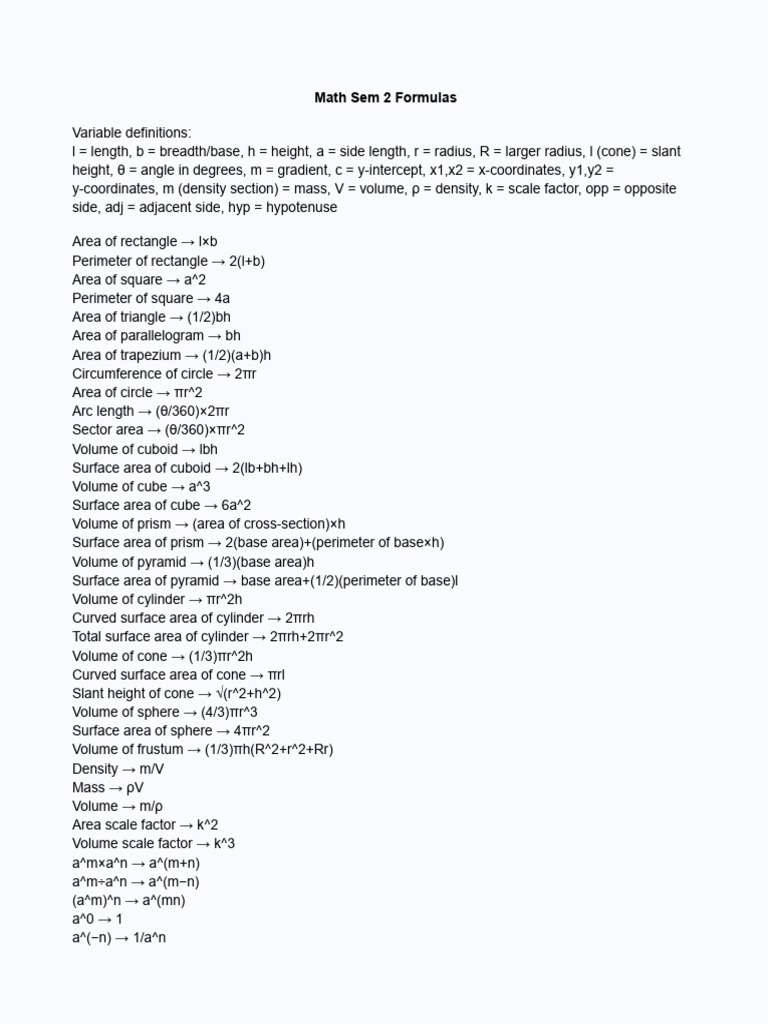 Math Sem 2 Formulas | PDF | Area | Angle