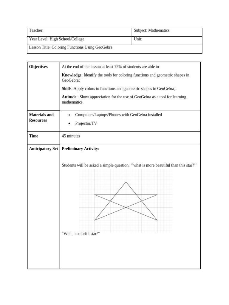 Lesson Plan Coloring Function | PDF | Shape | Function (Mathematics)