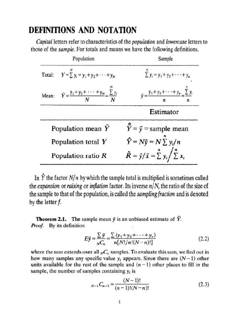 Definition and Notation in Simple Random Sampling | PDF