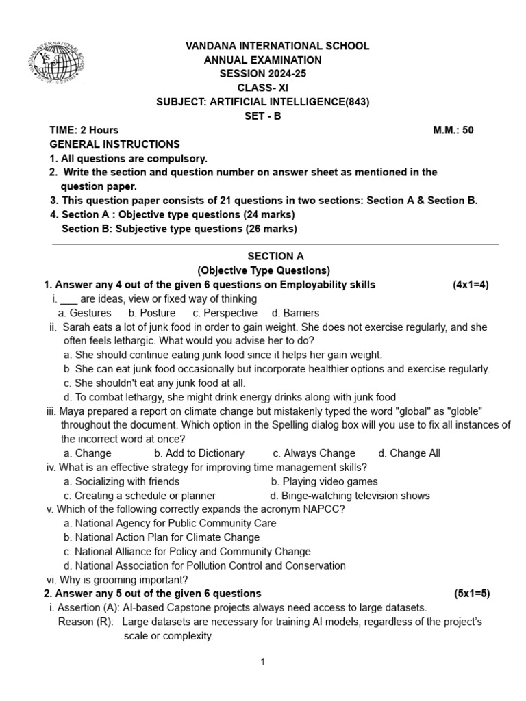 Xi Ai Final Exam Set B Practice Paper 2 | PDF | Artificial Intelligence ...