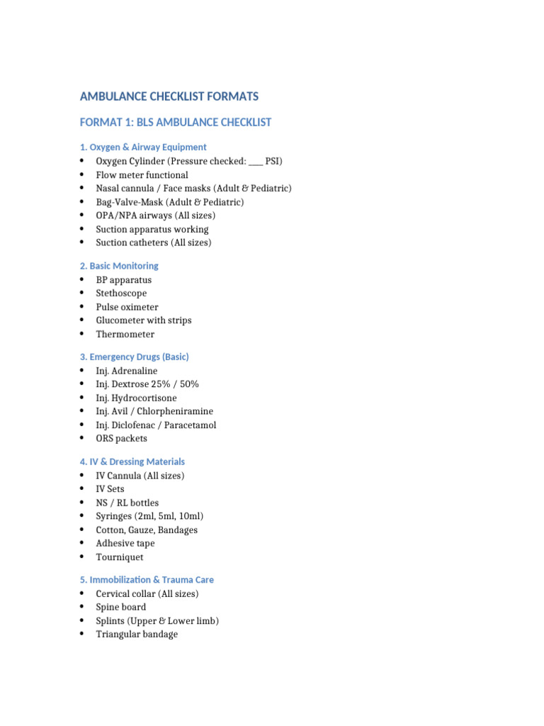 ACLS BLS Ambulances Checklist SOP | PDF