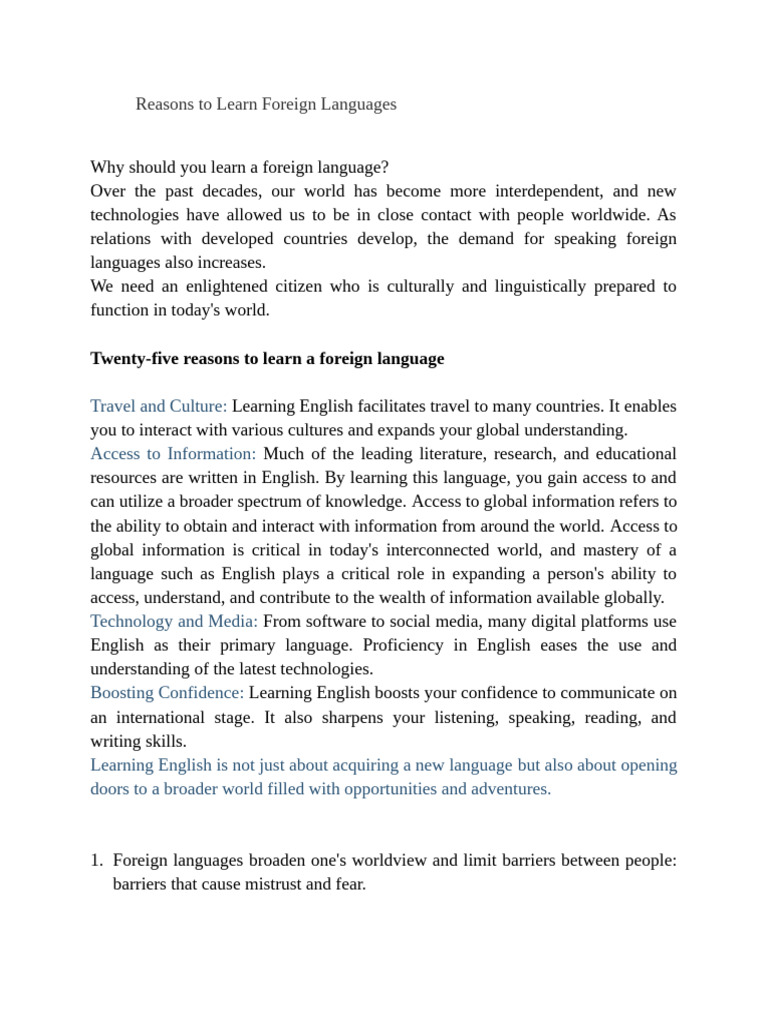 Reasons To Learn Foreign Languages | PDF | Foreign Language | Second ...