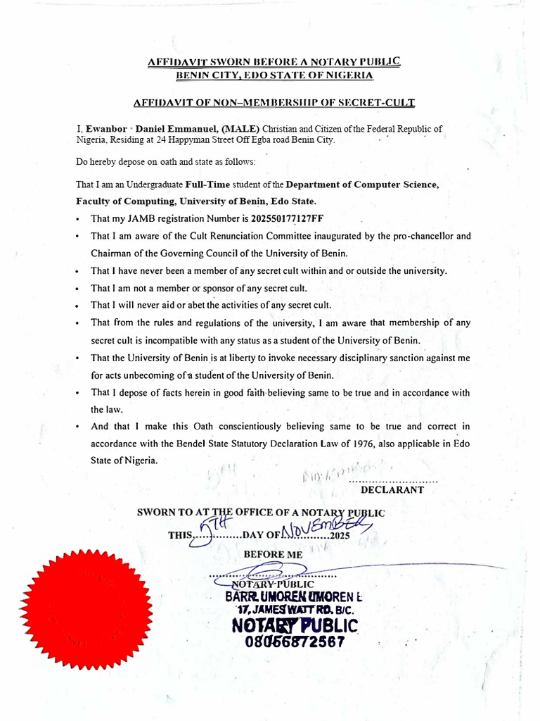 Affidavit of Non Member of Serect Cult - 034733 | PDF
