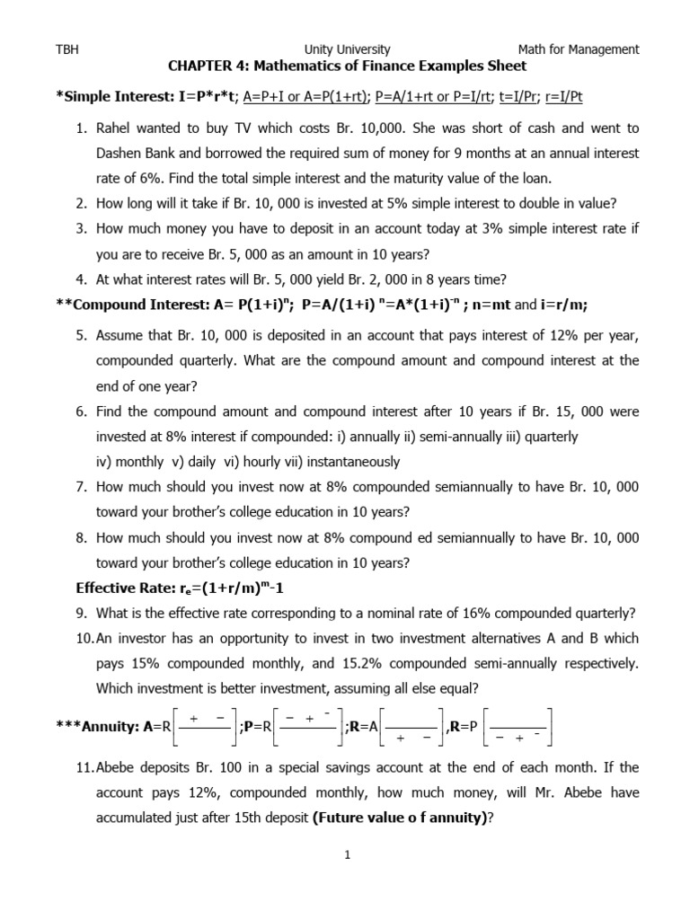 Example Sheet-Ch.4 Math of Finance | PDF | Interest | Mortgages