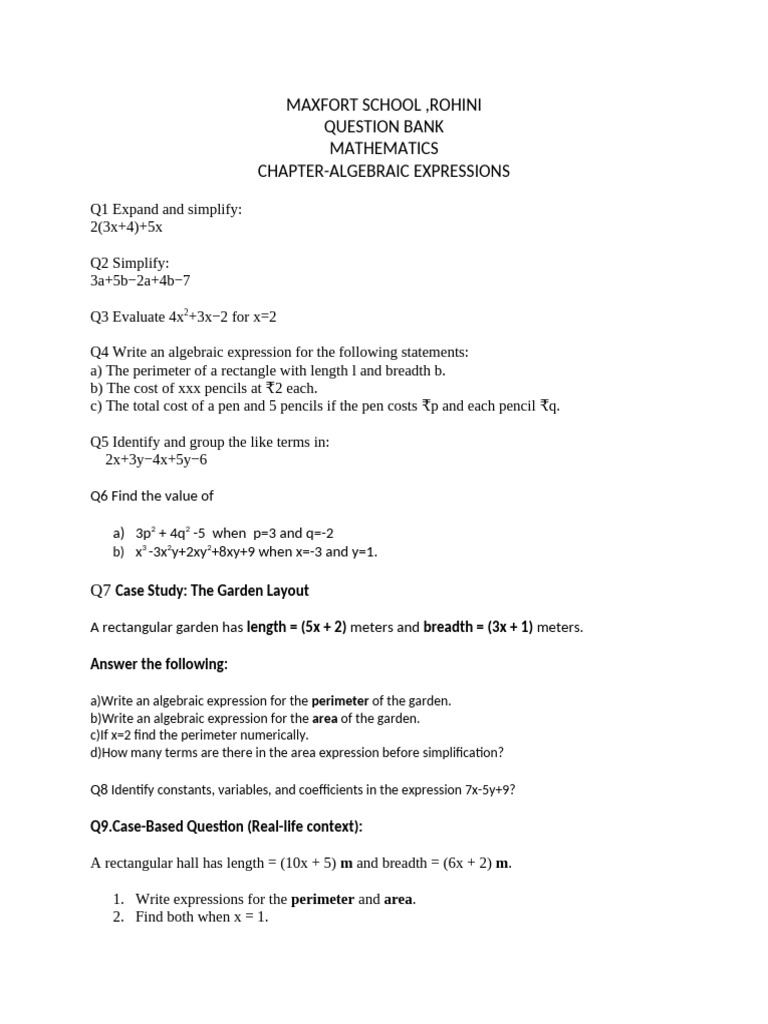 Question+Bank+ Algebraic+Expressions | PDF