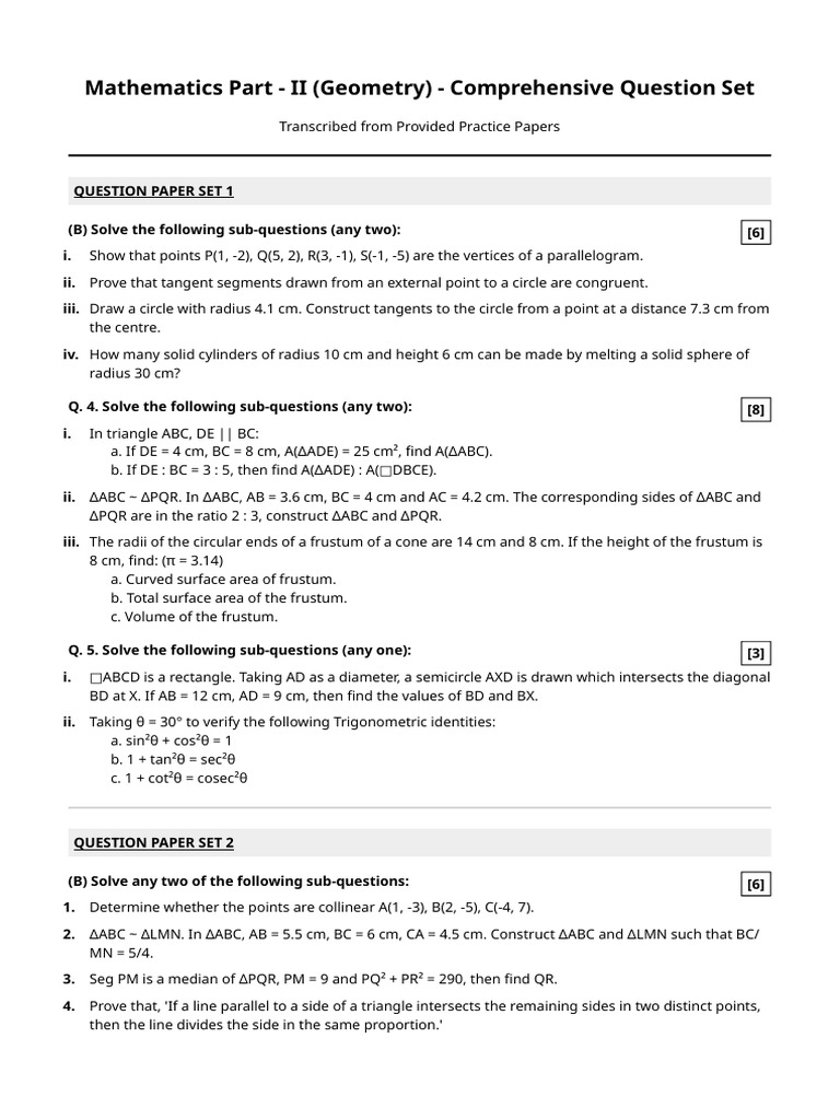 Mathematics Part - II (Geometry) - Comprehensive Question Set | PDF ...