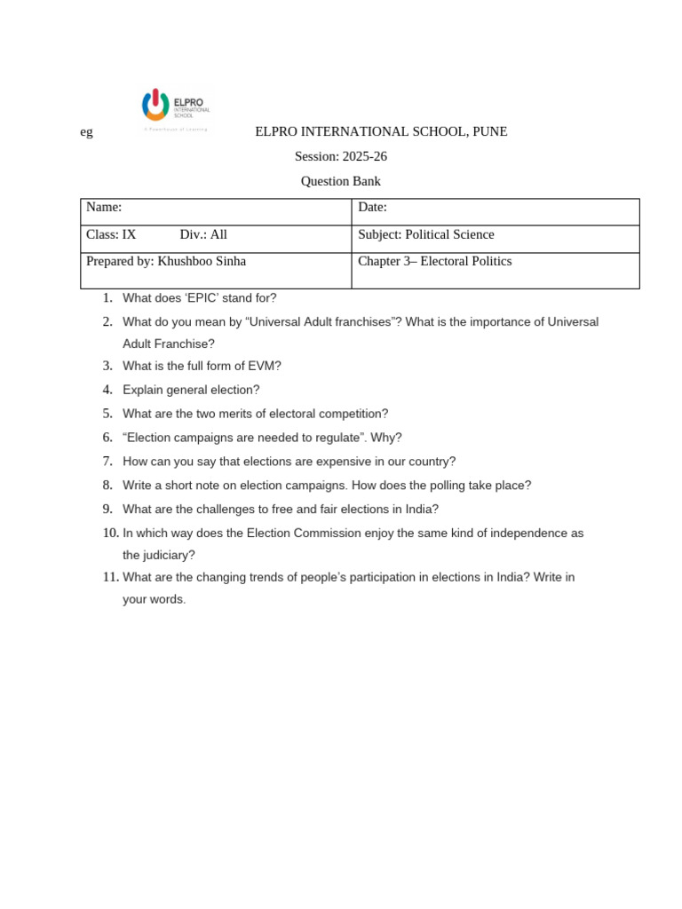 Question Bank Eletoral Politics | PDF