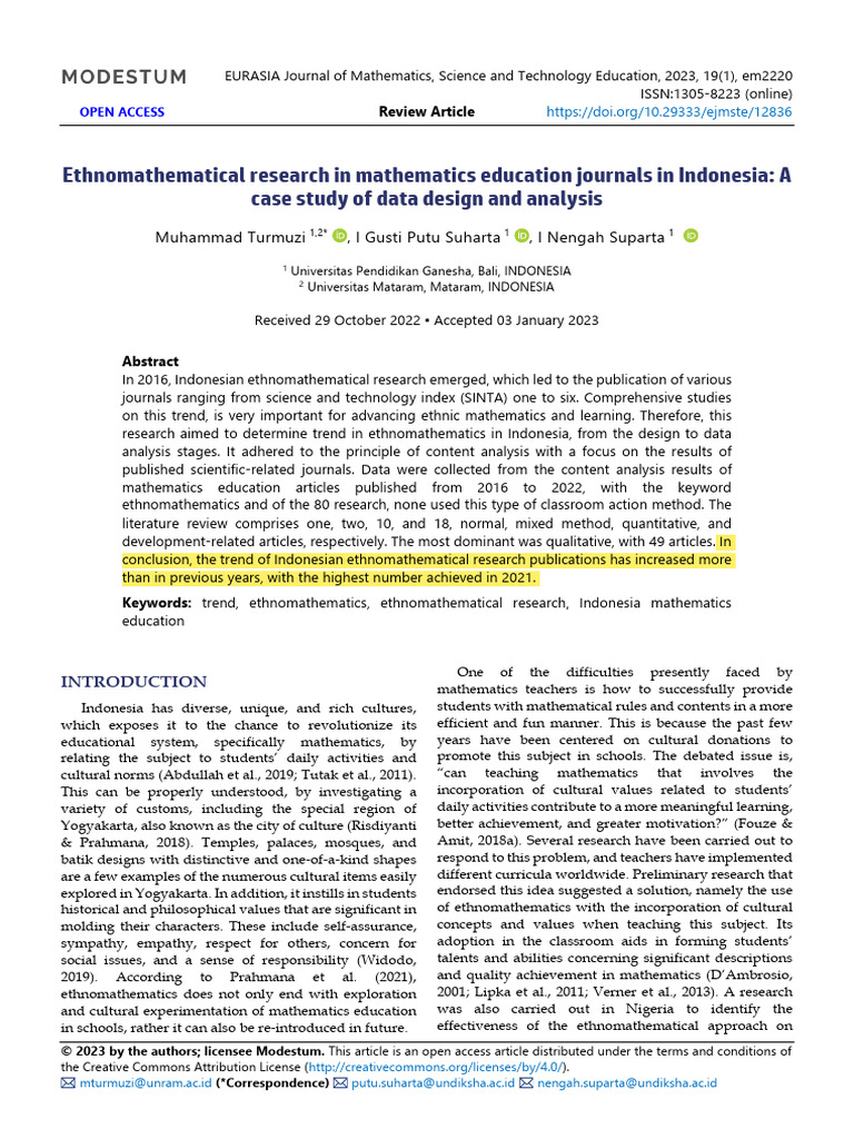 Ethnomathematical Research in Mathematics Education Journals in ...