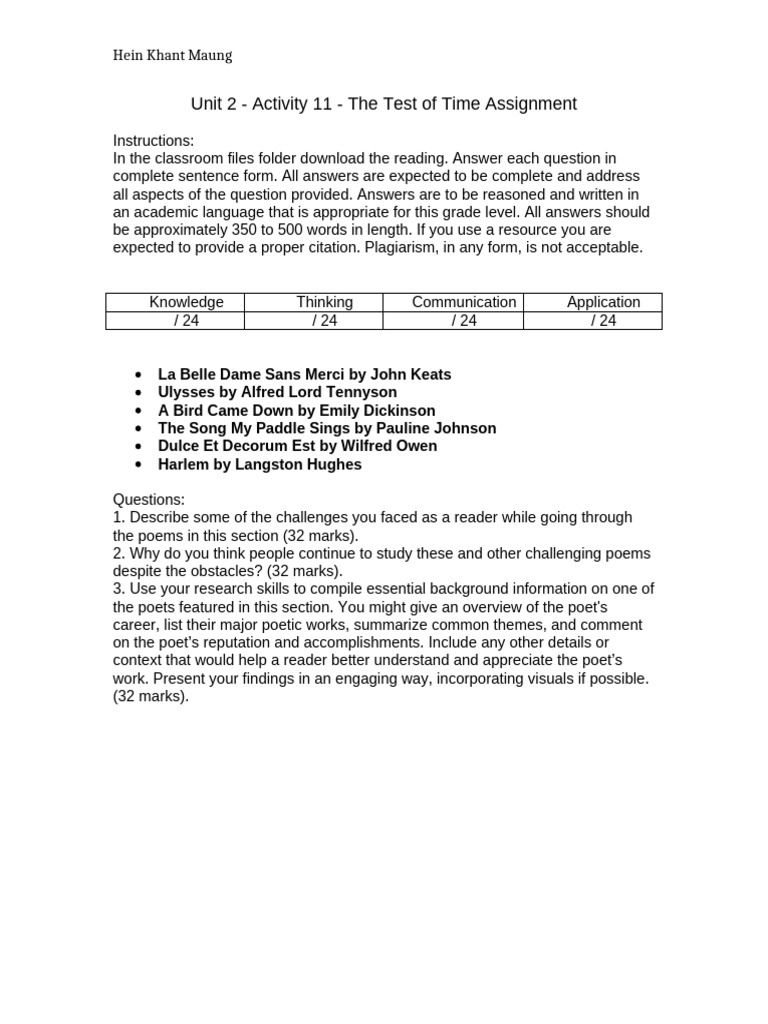 Unit 2 - Activity 11 - The Test of Time Assignment | PDF | Poetry