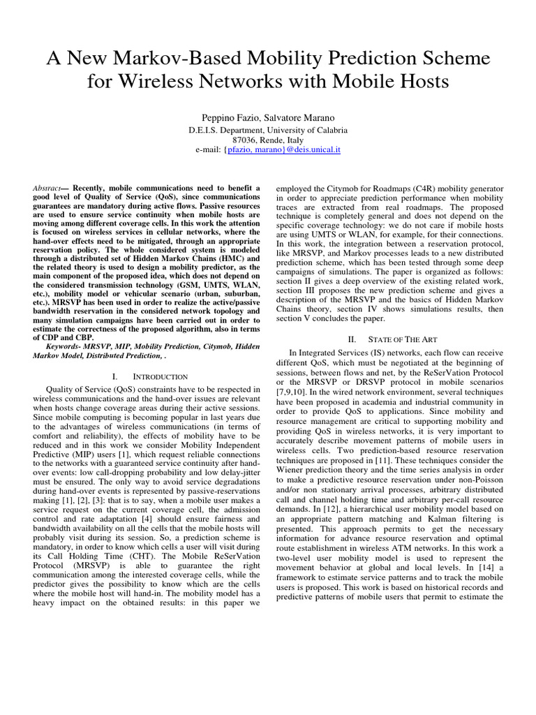 A New Markov Based Mobility Prediction S | PDF | Quality Of Service ...