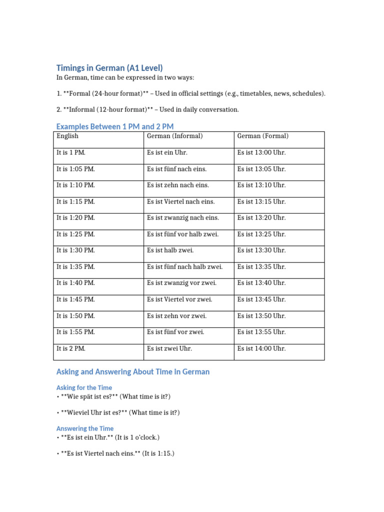 Timings in German A1-1 | PDF