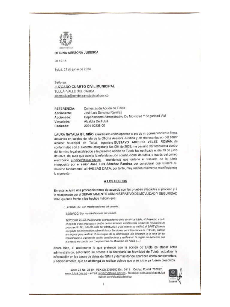 Contestación Tutela Jose Luis Sánchez 2024-00238 | PDF