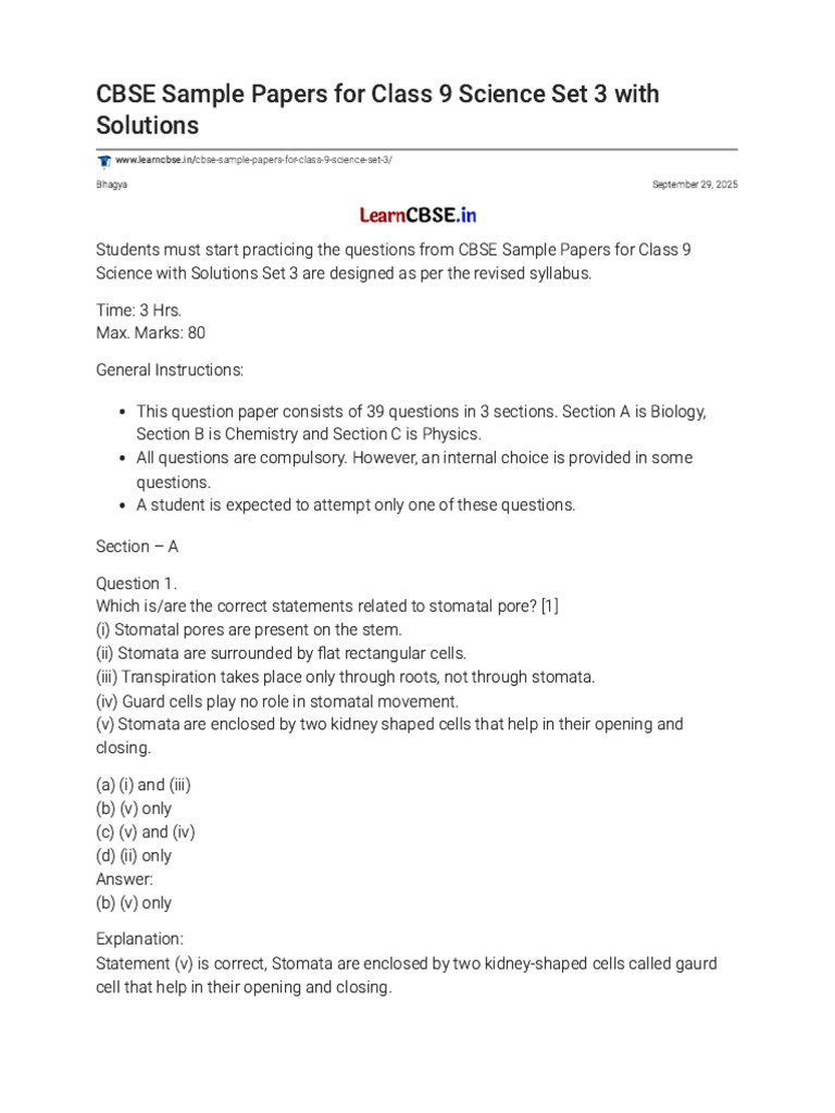 CBSE Sample Papers For Class 9 Science Set 3 With Solutions | PDF ...