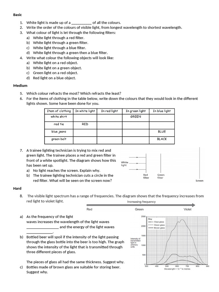 Visible Light and Colour Filters Worksheet 1 | PDF