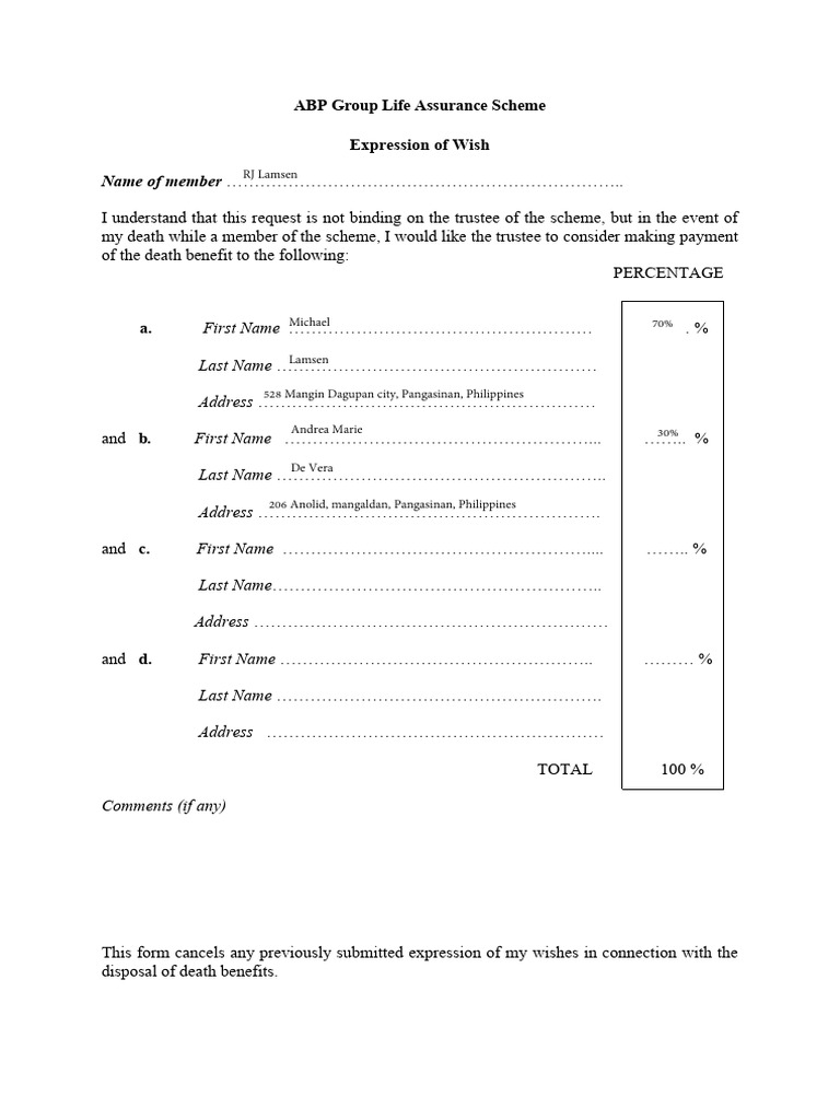 ABP UK - Expression of Wish Life Assurance | PDF