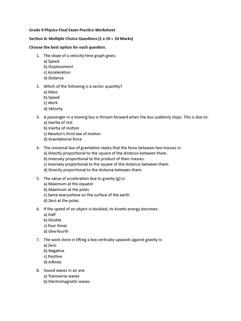 Grade 9 Physics Final Exam Practice Worksheet | PDF | Force | Waves