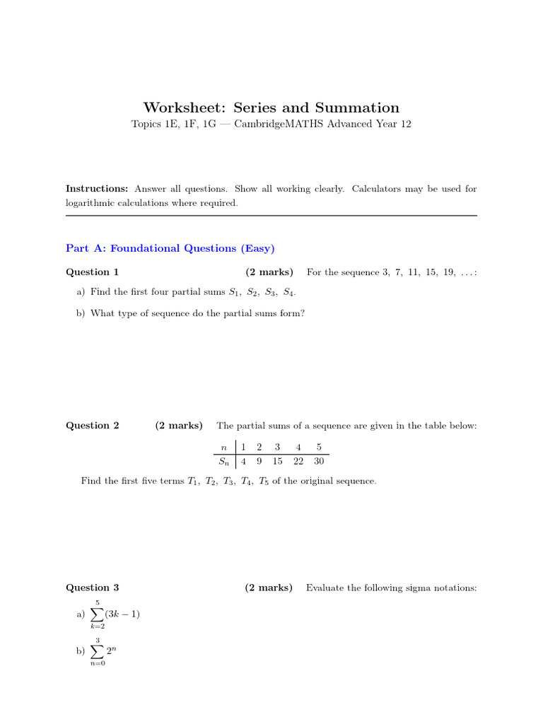 Worksheet Summing AP, GP | PDF | Summation | Mathematical Analysis
