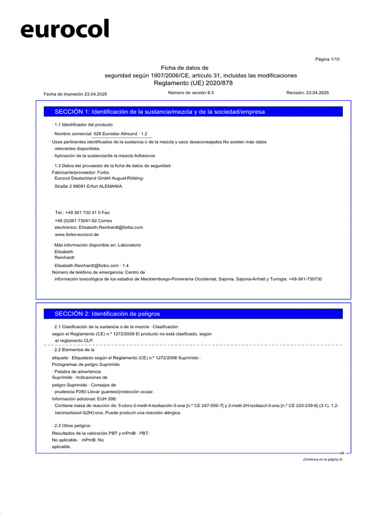 MSDS Eurocol 528 | PDF | Residuos
