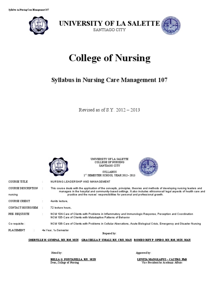 Syllabus in Nursing Care Management 107 Nursing Competence (Human