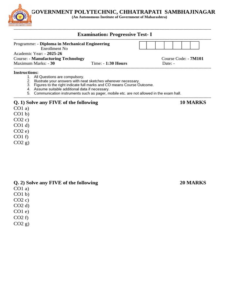 MPR Question Paper Pattern PT | PDF