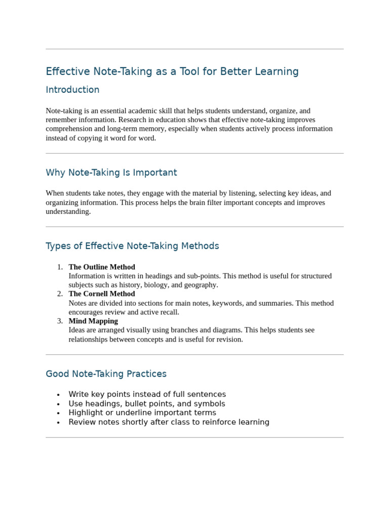 Effective Note-Taking As A Tool For Better Learning | PDF