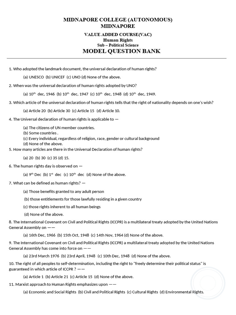 VAC Human Rights MCQ 2025 1 | PDF | Human Rights | United Nations