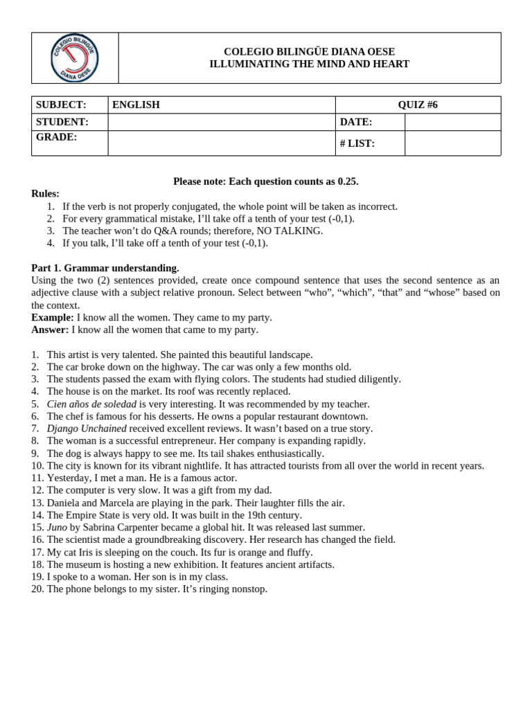 Quiz 12A - A. C. With Subject Relative Pronouns | PDF | Linguistic ...