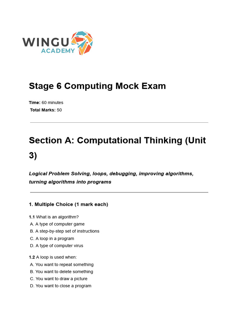Stage 6 Computing Mock Exam | PDF | Control Flow | Algorithms