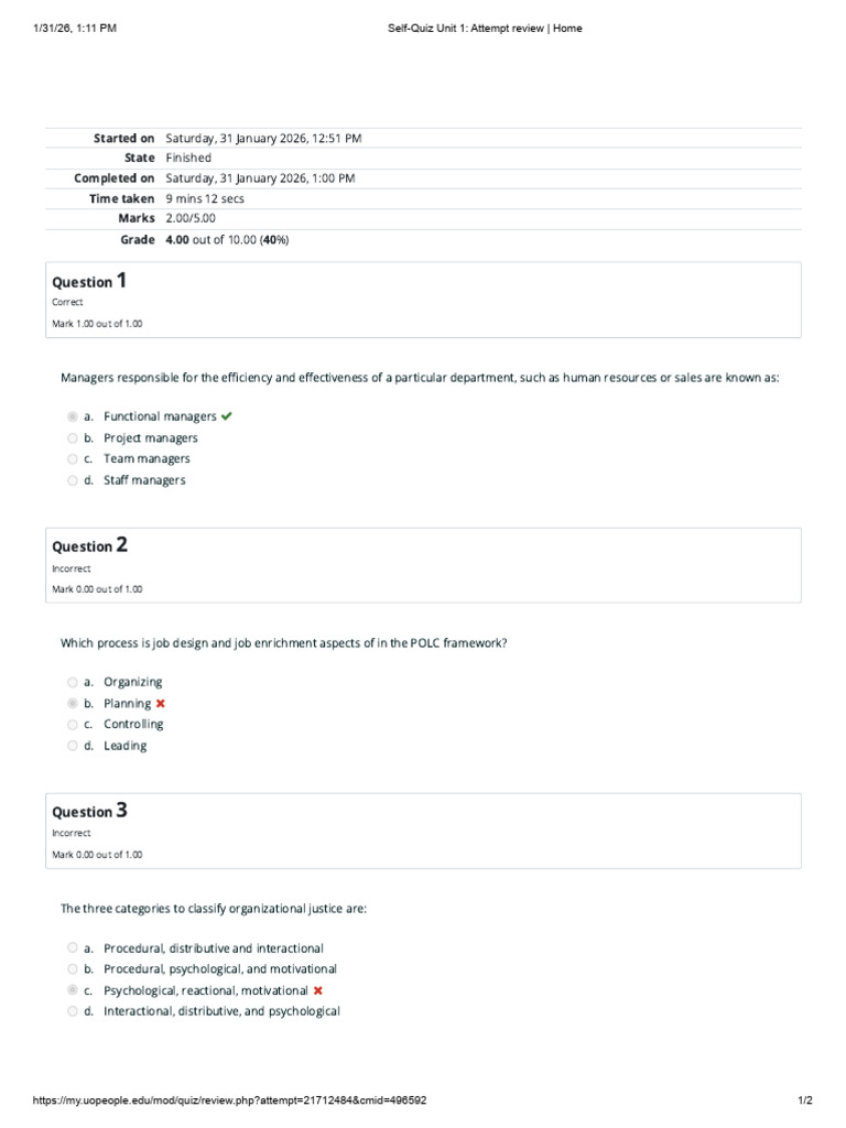 Self-Quiz Unit 1 - Attempt Review - Home | PDF