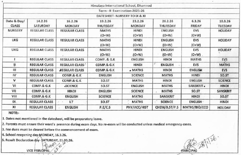Exam Term II Datesheet - 2025-26 | PDF