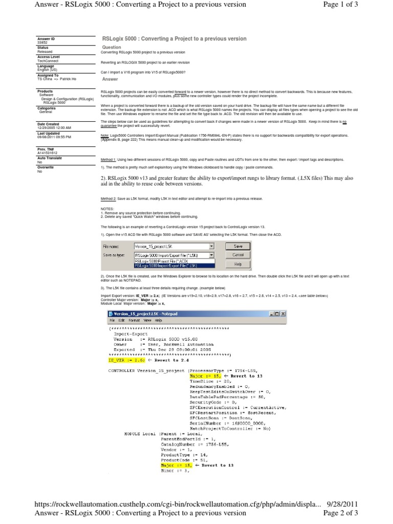 RSLogix 5000 Project Reversion Guide | PDF | File Format | Computer File