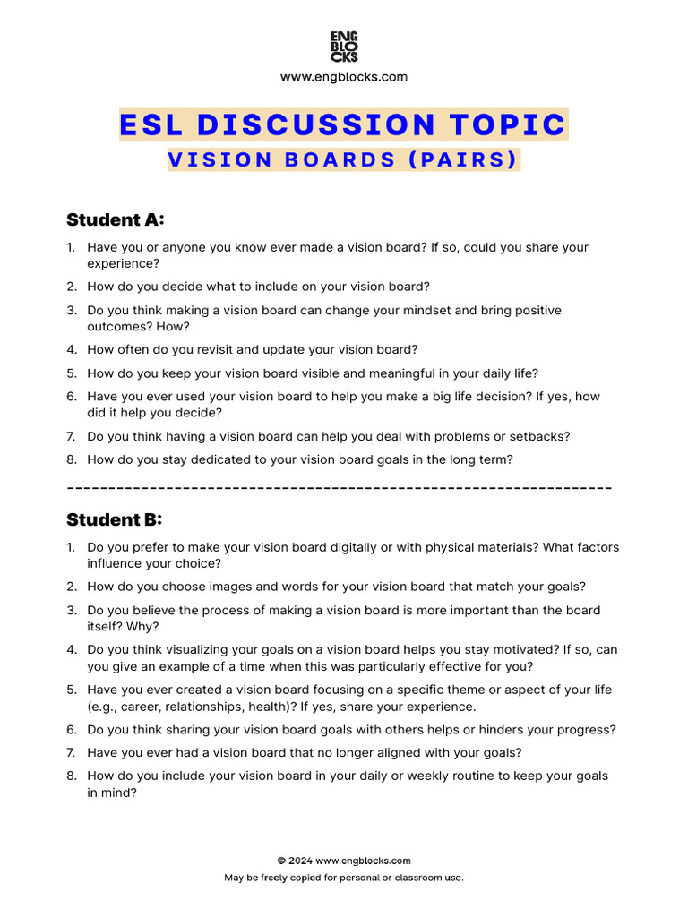Esl Discussion Topic Vision Boards Pairs | PDF