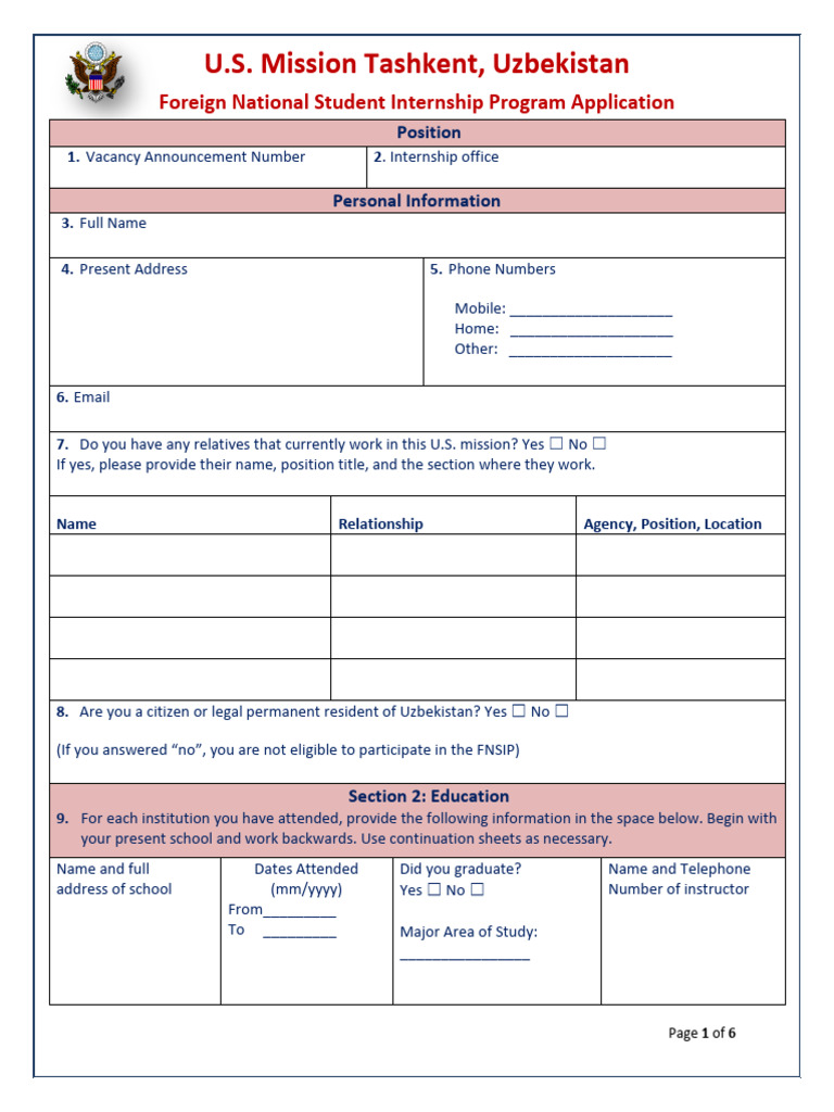 2026 01 Application Foreign National Student Internship Program | PDF