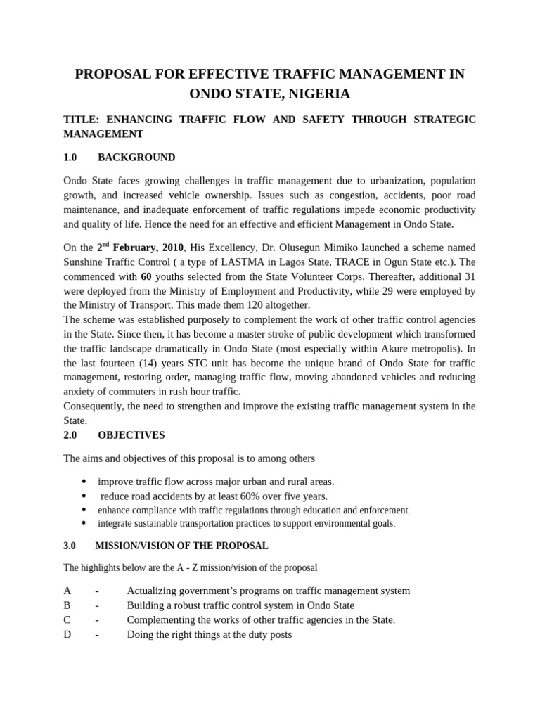 Proposal For An Efective Traffic Mangement in Ondo State | PDF ...