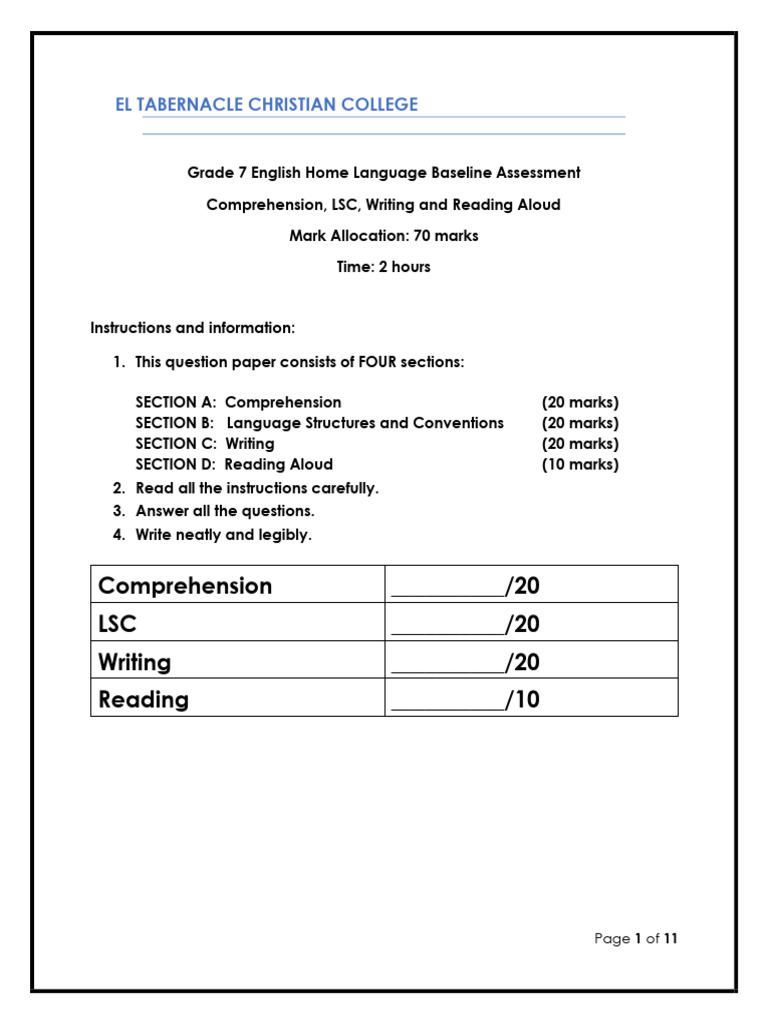 Grade 7 HL Baseline Assessment | PDF | Adverb | Sentence (Linguistics)