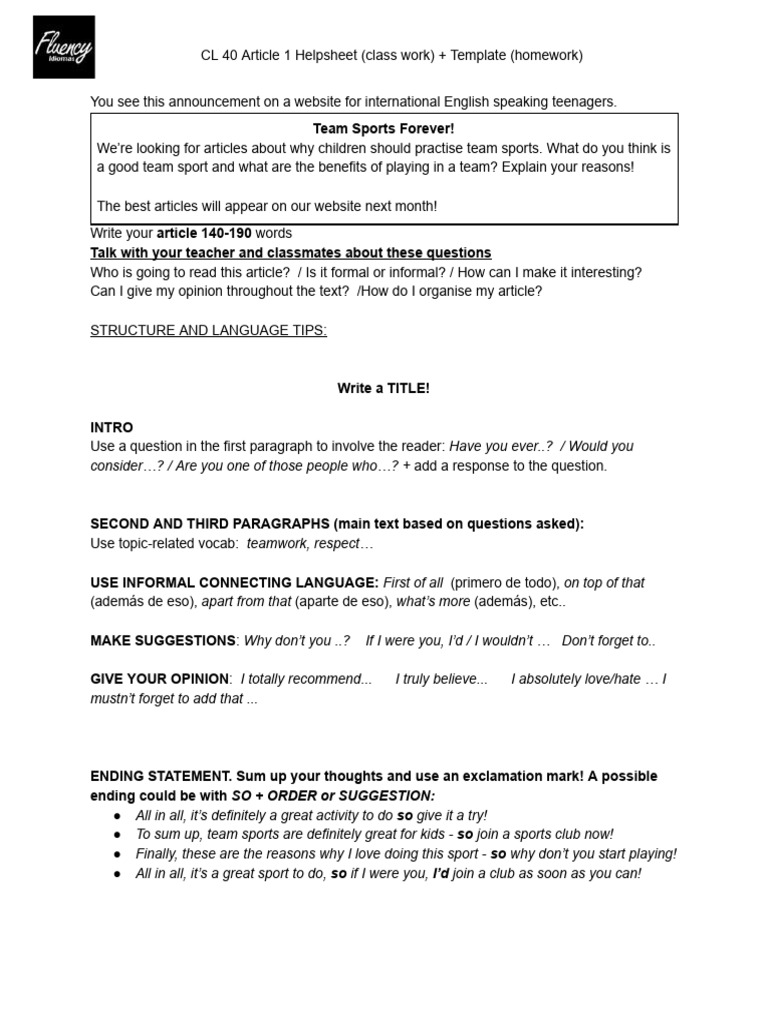 Article 1 Helpsheet (Class Work) + Template (For Homework) | PDF