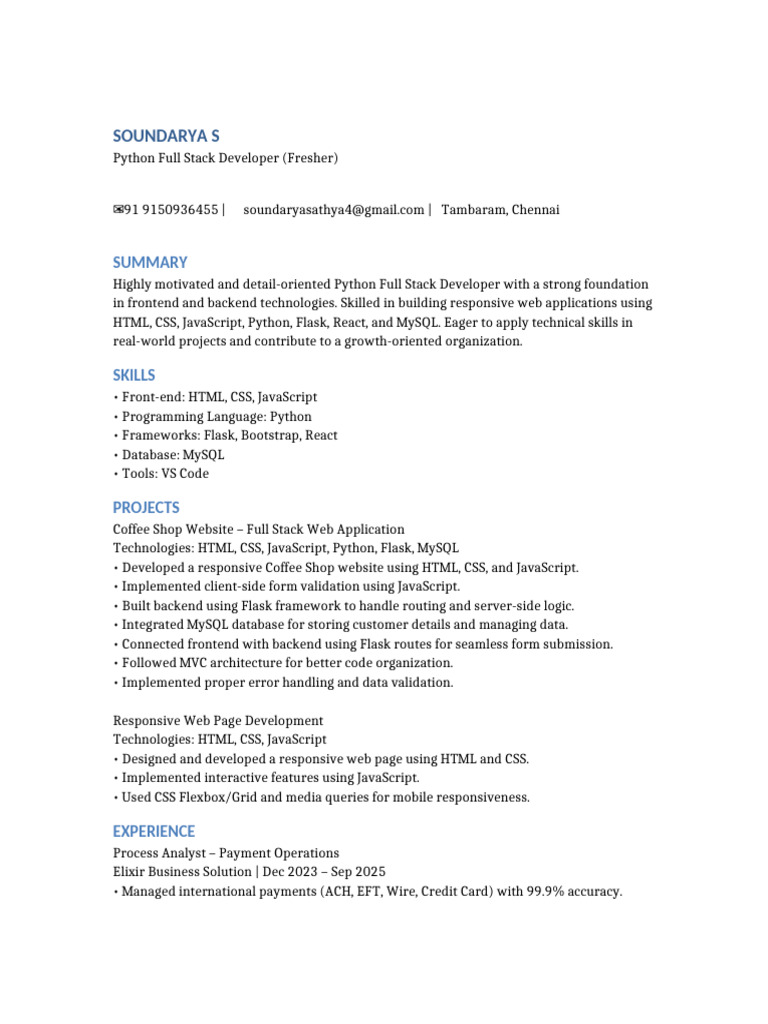 Soundarya Python Full Stack Resume One Page | PDF