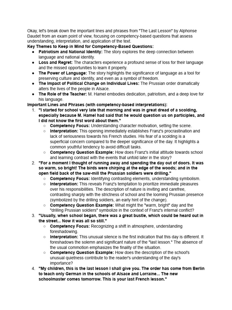 The Last Lesson - Important Lines Explanation | PDF