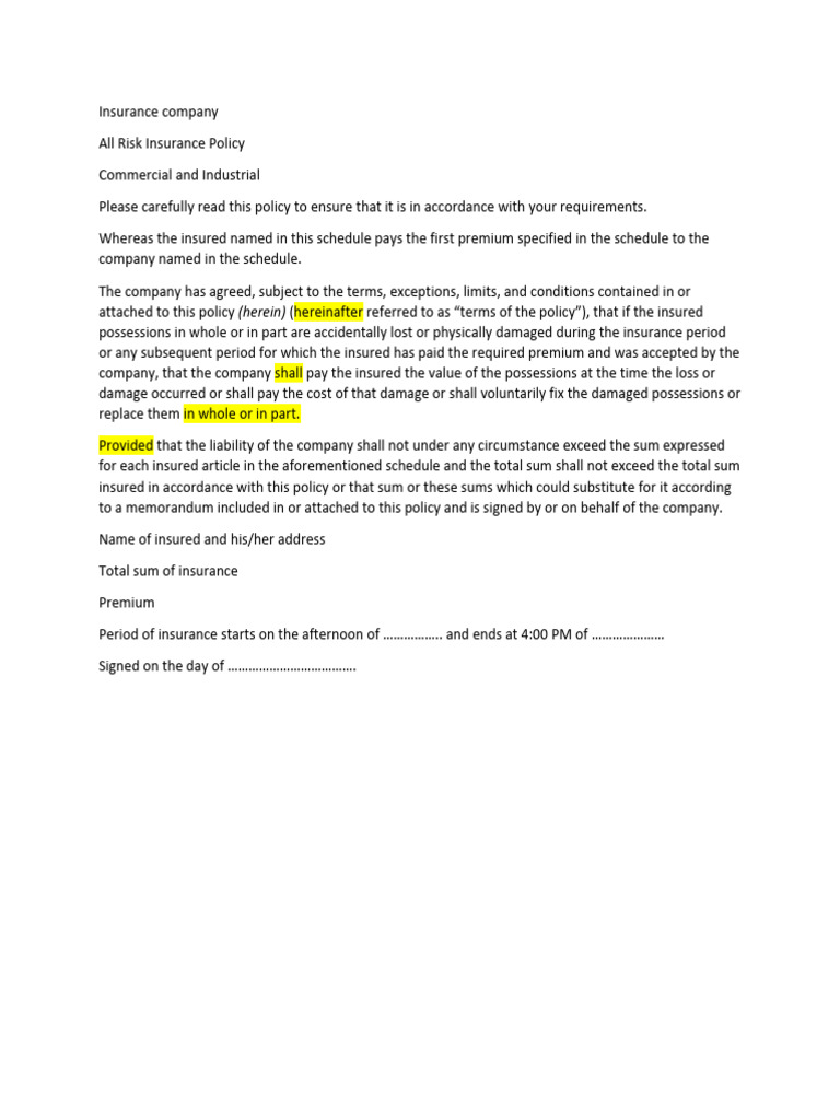 All-Risk Insurance Policy | PDF