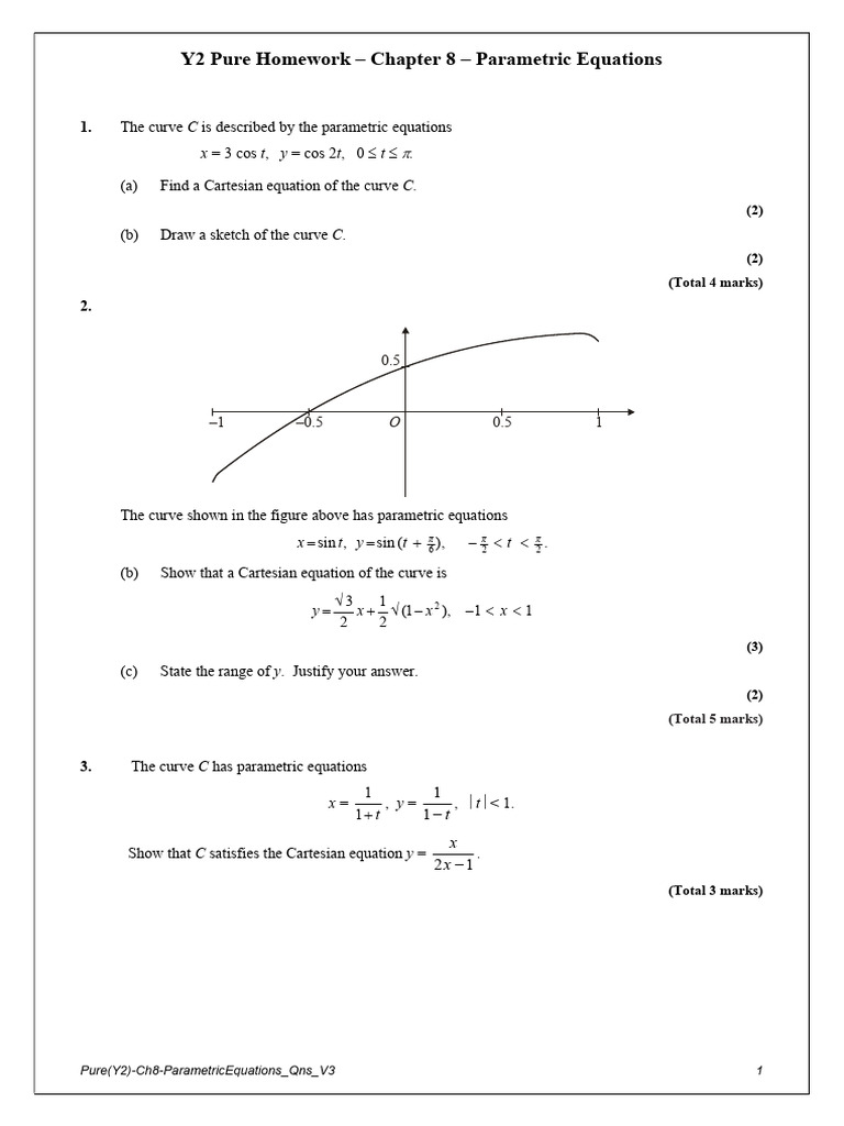 P2 Ch8 (Parametric Equations) Homework 2025 | PDF | Equations | Manifold
