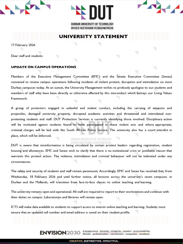 DUT Statement 1702 2026 | PDF | Crimes | Crime & Violence