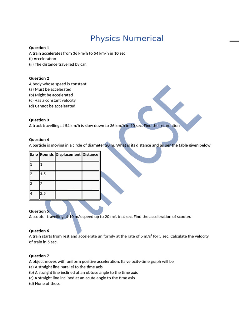 Phy Numericals | PDF | Acceleration | Speed