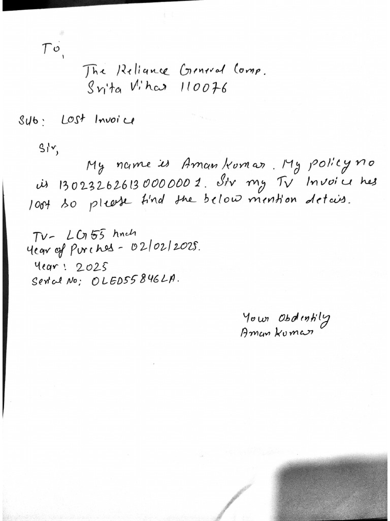 LG TV Lost Invoice | PDF