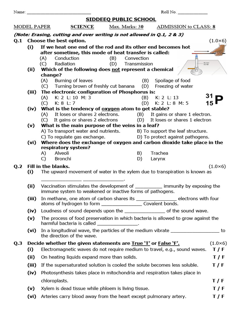 Model Paper-Science Grade 8 | PDF | Chemical Bond | Respiratory System