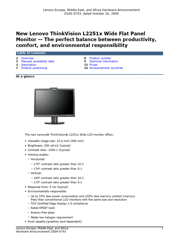Lenovo ThinkVision L2251xwD Specs PDF | PDF | Computer Monitor | Computing